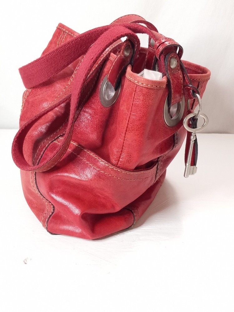 FOSSIL HATHAWAY Red Glazed Leather Shopper Tote Shoulder Handbag Purse Medium - Picture 5 of 5